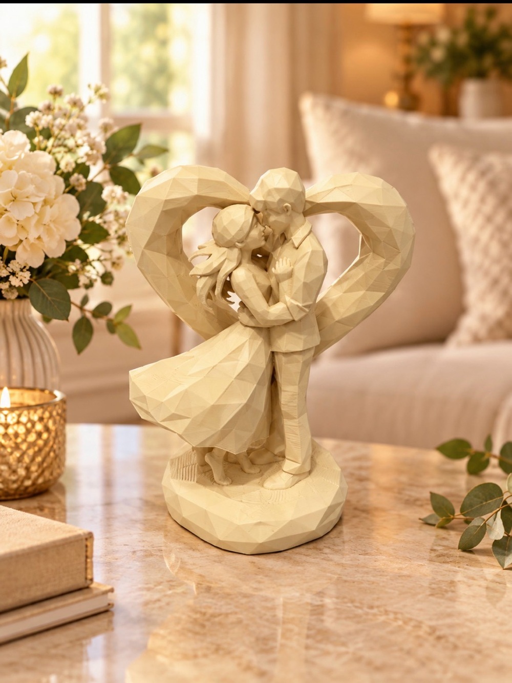 Romantic Heart Couple Sculpture - Cream Home Art Figurine